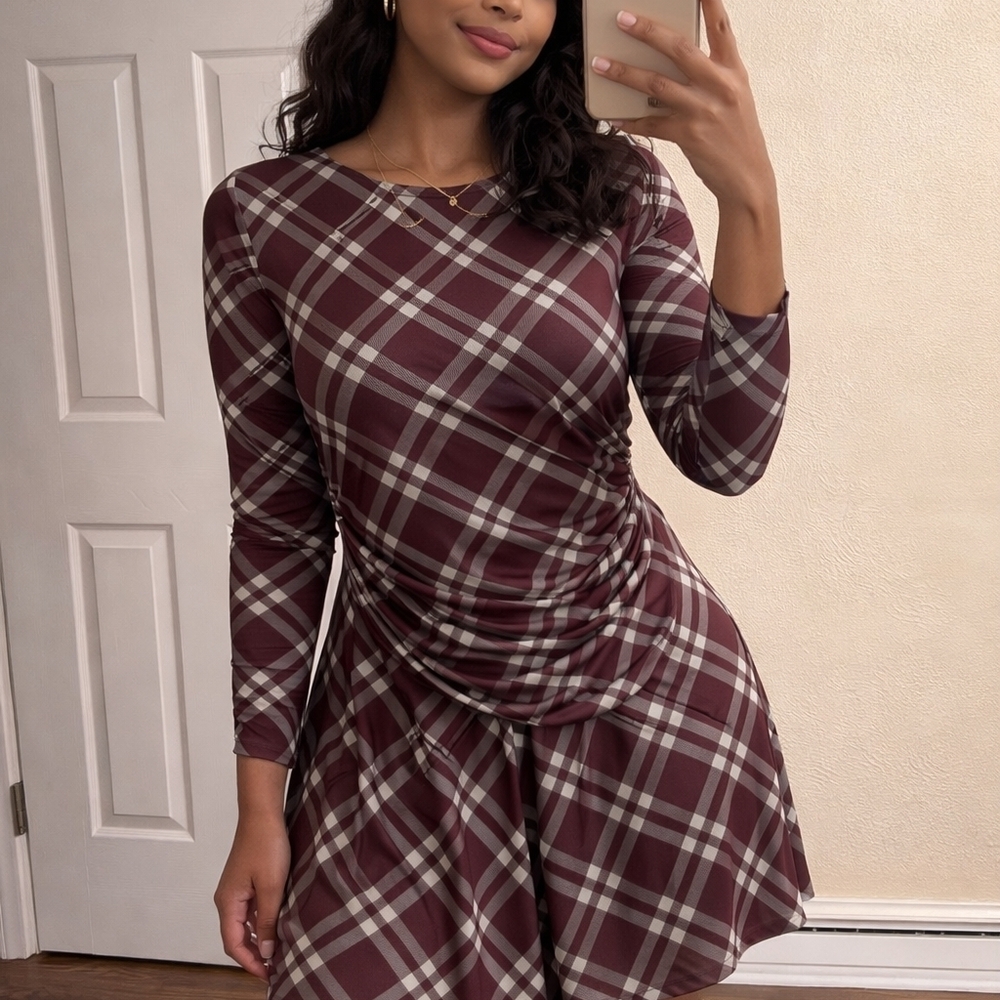 SHEIN Burgundy Plaid Long Sleeve Dress